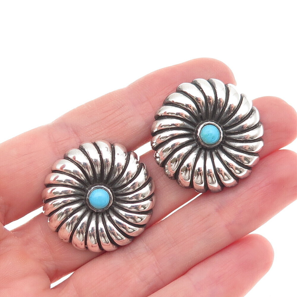Morning Sun 925 Sterling Silver Vintage Real Turquoise Flower Oxidized Earrings